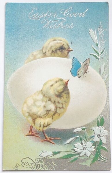 画像1: Postcard  アンティークポストカード　イースター　ヒヨコと卵と青い蝶々　ひよこ　 (1)