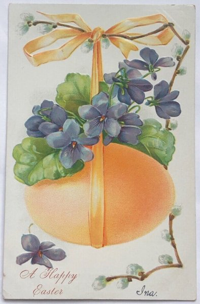 画像1: Postcard  アンティークポストカード　イースターエッグ　飾り卵　スミレのお花　1907年 (1)