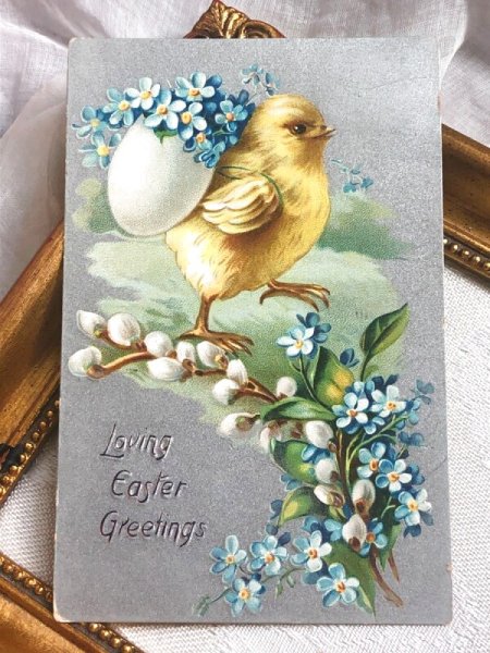 画像2: Postcard  アンティークポストカード イースター 忘れな草のお花を運ぶヒヨコ ひよこ Ellen Clapsaddle ?  (2)