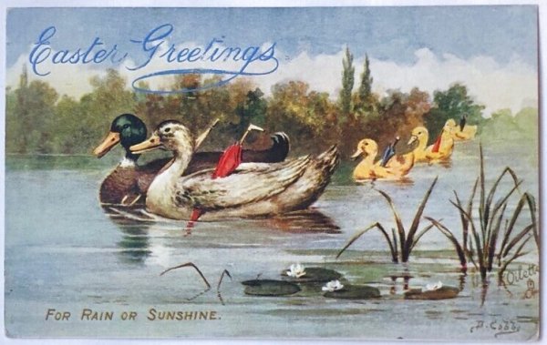 画像1: Postcard  アンティークポストカード　イースター　傘を持ってお出かけをするカルガモの親子　鴨　アメリカ1909年 (1)