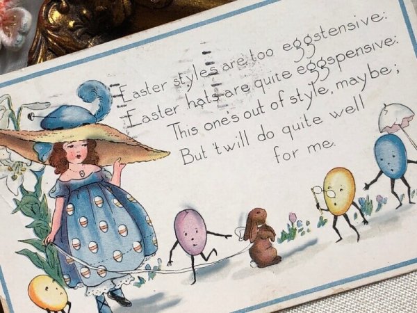 画像3: Postcard アンティークポストカード イースター 女の子とウサギと卵たち うさぎ アメリカ1921年 (3)