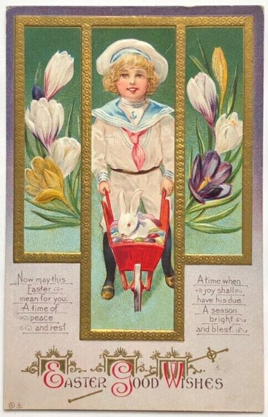 画像1: Postcard　アンティークポストカード　イースター　ウサギを一輪車で運ぶセーラー服の子ども　うさぎ　クロッカス　アメリカ1913年 (1)