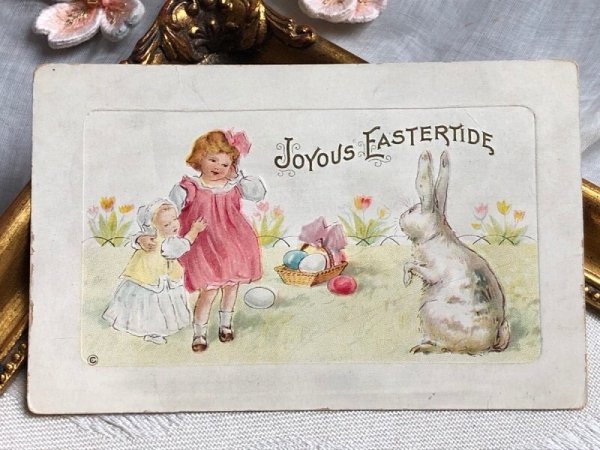 画像2: Postcard アンティークポストカード イースター 女の子とウサギさん 白兎 うさぎ 1921年 (2)