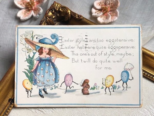 画像2: Postcard アンティークポストカード イースター 女の子とウサギと卵たち うさぎ アメリカ1921年 (2)