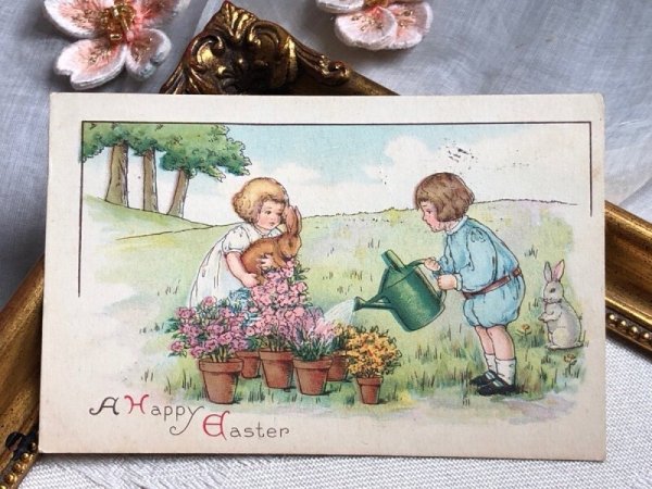 画像2: Postcard アンティークポストカード イースター ガーデニングをする子どもたちとウサギさん うさぎ アメリカ1924年 (2)