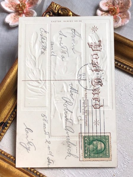 画像4: Postcard アンティークポストカード イースター ウサギを一輪車で運ぶセーラー服の子ども うさぎ クロッカス アメリカ1913年 (4)