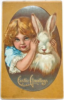 アンティークポストカード　イースターのウサギとお揃いワンピの可愛い少女たち アンティークポストカード イースターのウサギとお揃いワンピの