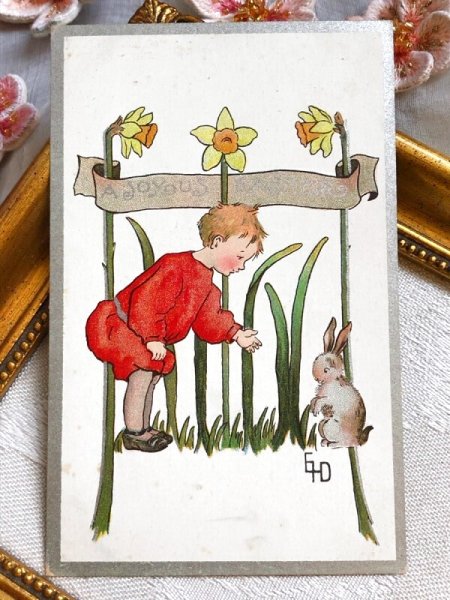 画像2: Postcard アンティークポストカード イースター うさぎさんと男の子 ウサギ 水仙  (2)