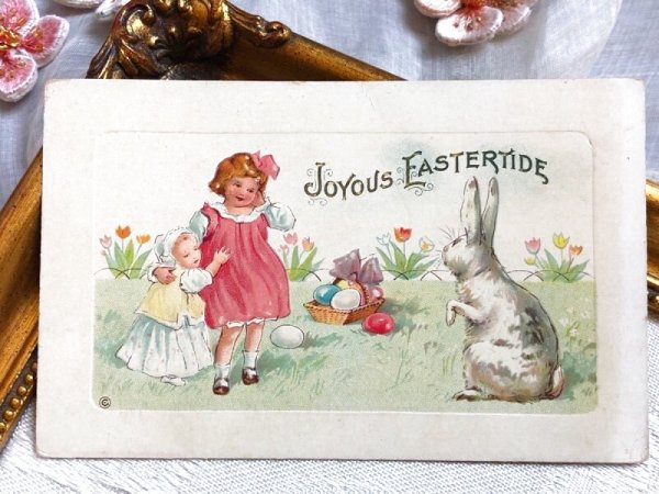 画像2: Postcard アンティークポストカード イースター 女の子とウサギさん 卵 うさぎ アメリカ (2)