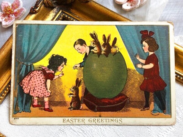 画像2: Postcard アンティークポストカード イースター 大きな卵からウサギさん うさぎ アメリカ1905年 (2)