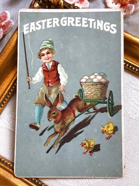 画像2: Postcard アンティークポストカード イースター ウサギ車で卵を運ぶ男の子 うさぎ (2)