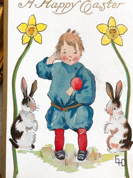 画像3: Postcard アンティークポストカード イースター 男の子とウサギさん うさぎ 水仙 	 (3)