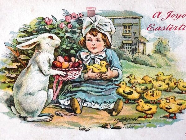 画像3: Postcard アンティークポストカード イースター 女の子に卵を差し出すウサギさん ひよこ うさぎ  (3)