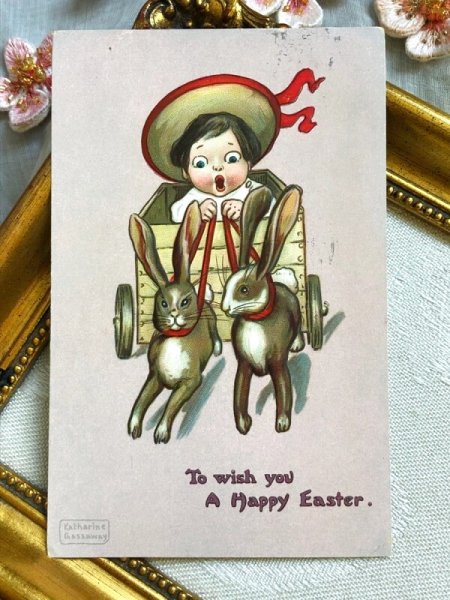 画像2: Postcard アンティークポストカード イースター ウサギ車に乗る子ども うさぎ Katharine Gassaway (2)