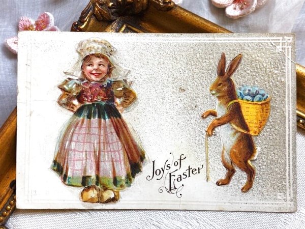 画像2: ▼SALE 500▼Postcard   アンティークポストカード イースター オランダ服の女の子と卵を背負ったウサギさん (2)