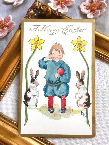 画像2: Postcard アンティークポストカード イースター 男の子とウサギさん うさぎ 水仙 	 (2)