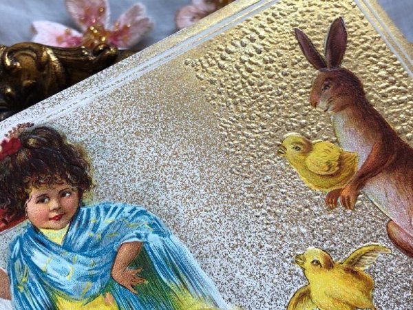画像3: Postcard アンティークポストカード イースター 女の子とうさぎ ウサギ ヒヨコ 芸者さんごっこ?  (3)