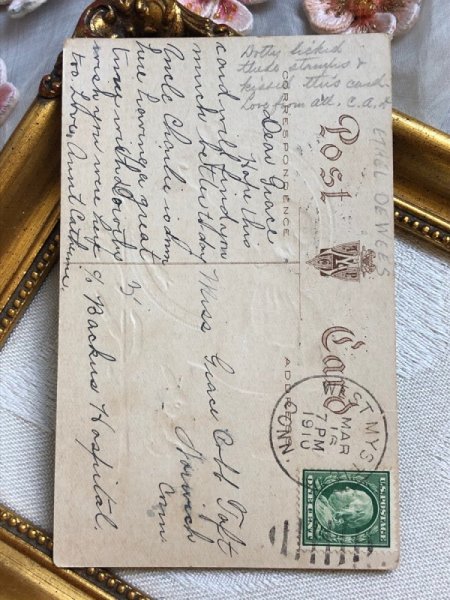 画像3: Postcard アンティークポストカード イースター 白百合の花とお話する女の子 うさぎ アメリカ1910年 (3)