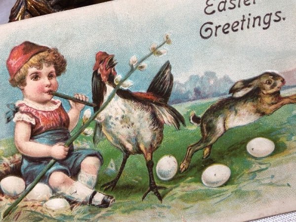 画像3: Postcard アンティークポストカード イースター 小さな子どもとニワトリとうさぎ 卵 (3)