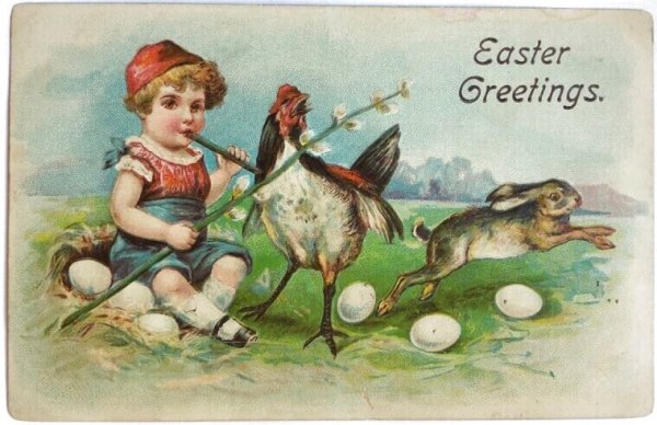 画像1: Postcard　アンティークポストカード　イースター　小さな子どもとニワトリとうさぎ　卵 (1)