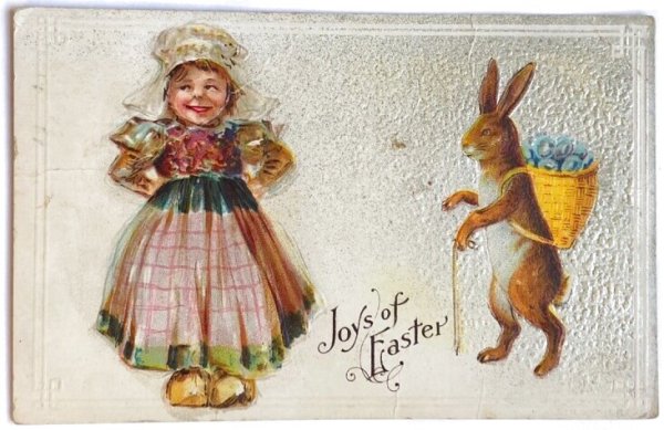 画像1: ▼SALE 500▼Postcard  　アンティークポストカード　イースター　オランダ服の女の子と卵を背負ったウサギさん (1)