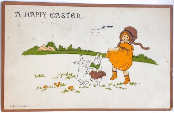 画像1: Postcard　アンティークポストカード　イースター　ダンスをする女の子とうさぎ　ウサギ　アメリカ1914年 H.LEHMANN (1)