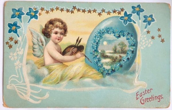 画像1: Postcard  アンティークポストカード　イースター　卵に色付けする天使　忘れな草のお花　Ellen Clapsaddle　 (1)