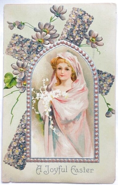 画像1: Postcard  アンティークポストカード　イースター　ピンクのヴェールの女性　スミレの十字架　Ellen Clapsaddle　 (1)
