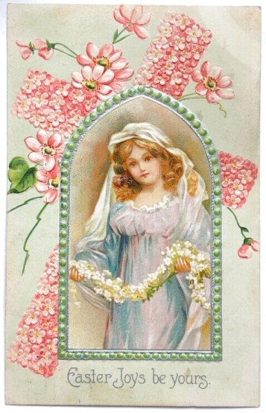画像1: Postcard  アンティークポストカード　イースター　ヴェールの女性　お花の十字架　Ellen Clapsaddle　 (1)