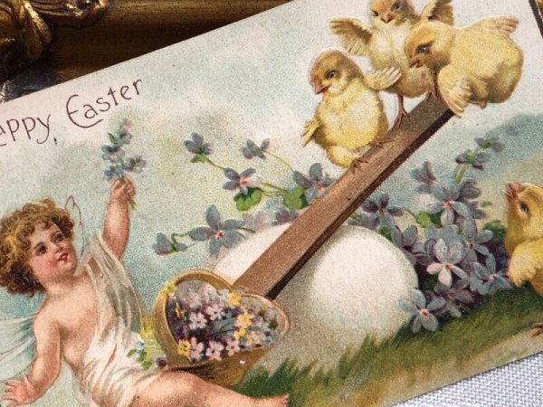 画像3: Postcard  アンティークポストカード イースター シーソー遊びをする天使とヒヨコ スミレ Ellen Clapsaddle (3)