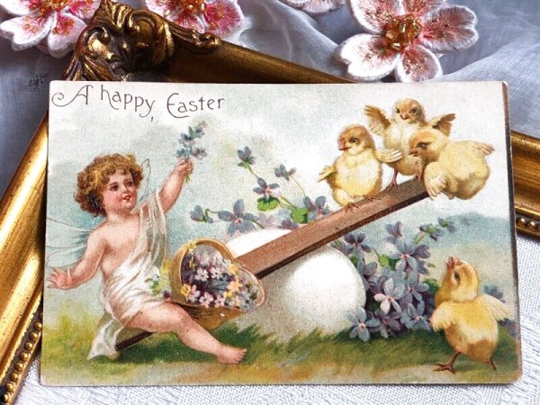 画像2: Postcard  アンティークポストカード イースター シーソー遊びをする天使とヒヨコ スミレ Ellen Clapsaddle (2)