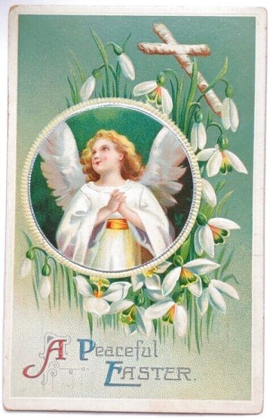 画像1: Postcard  アンティークポストカード　イースター　スノードロップのお花と天使　十字架　Ellen Clapsaddle　 (1)