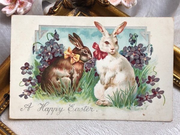 画像2: Postcard アンティークポストカード イースター ウサギさんとスミレのお花 リボン うさぎ  (2)