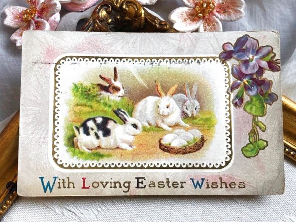 画像2: Postcard アンティークポストカード イースター うさぎさんと卵 スミレ ウサギ Ellen Clapsaddle アメリカ1911年 (2)