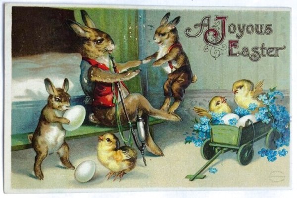 画像1: Postcard　アンティークポストカード　イースター　ウサギとヒヨコの家族　煙草　Ellen Clapsaddle　アメリカ1910年 (1)