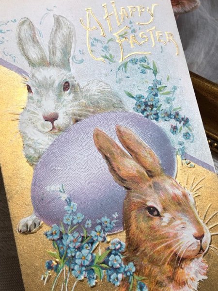 画像3: Postcard アンティークポストカード イースター うさぎさんと紫の卵 忘れな草のお花 (未使用) (3)