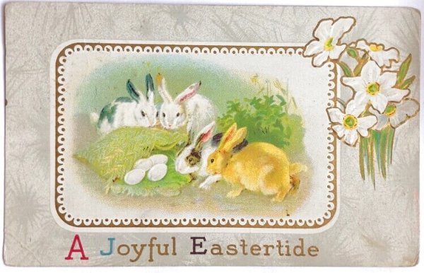 画像1: Postcard　アンティークポストカード　イースター　うさぎさんと卵　水仙　ウサギ　Ellen Clapsaddle　アメリカ1913年 (1)