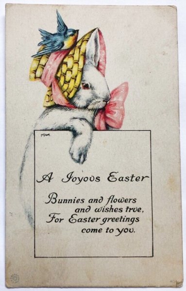 画像1: Postcard　アンティークポストカード　イースター　ウサギさんと青い小鳥　ボンネット帽子　うさぎ　 (1)