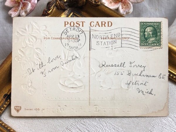 画像5: Postcard アンティークポストカード イースター うさぎさんと卵 スミレ ウサギ Ellen Clapsaddle アメリカ1911年 (5)