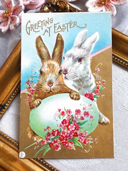 画像2: Postcard アンティークポストカード イースター うさぎさんと緑の卵 (未使用) (2)