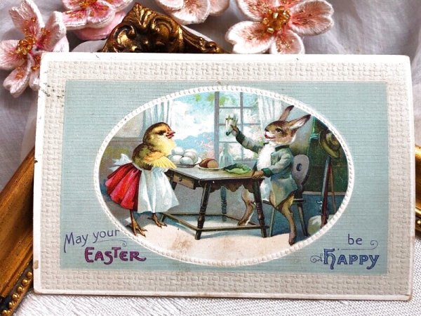 画像2: Postcard アンティークポストカード イースター ウサギとヒヨコ夫婦の朝食 Ellen Clapsaddle アメリカ1911年 (2)