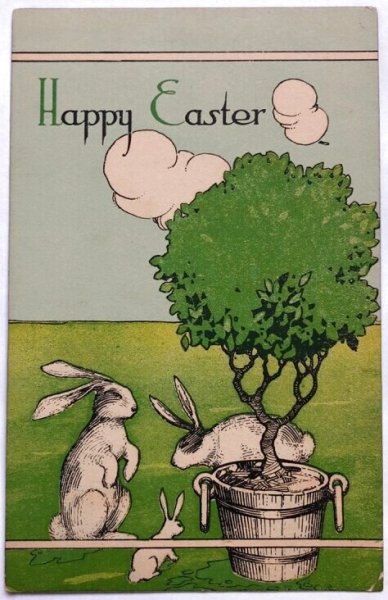 画像1: Postcard　アンティークポストカード　イースター　ウサギさんと植木　うさぎ　 (1)