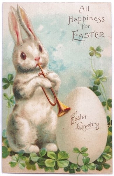 画像1: Postcard　アンティークポストカード　イースター　トランペットを吹くうさぎさん　ウサギ　Ellen Clapsaddle　アメリカ1908年 (1)