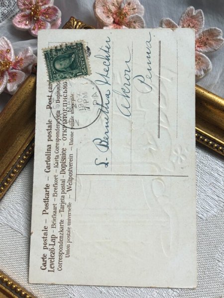 画像5: Postcard アンティークポストカード イースター 自動車に乗るウサギさんと卵 うさぎ アメリカ1907年 (5)