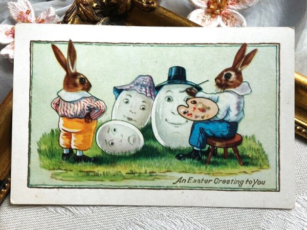 画像2: Postcard アンティークポストカード イースター 卵に餌付けをするウサギさん うさぎ  (2)