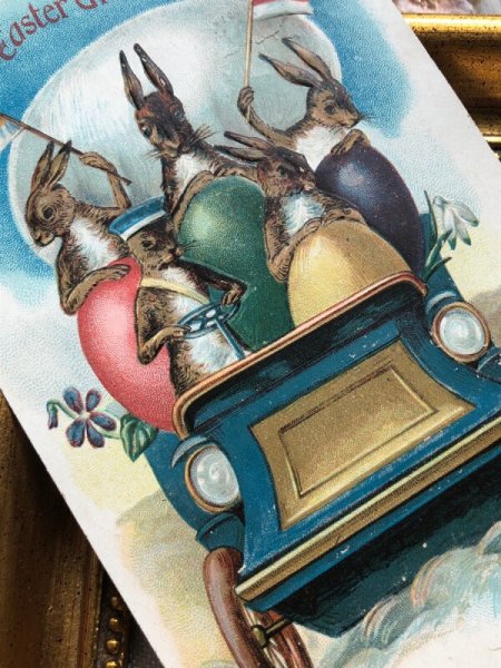 画像3: Postcard アンティークポストカード イースター 自動車に乗るウサギさんと卵 うさぎ アメリカ1907年 (3)