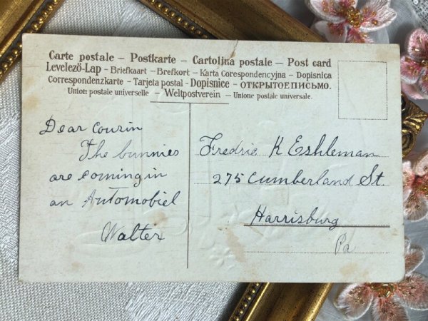 画像5: Postcard アンティークポストカード イースター 自動車に乗るウサギさんと卵 うさぎ  (5)