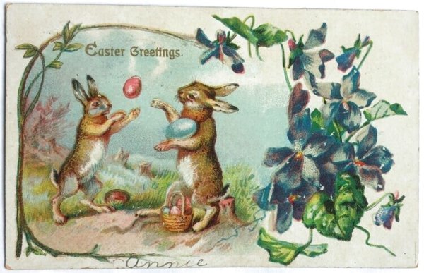 画像1: Postcard　アンティークポストカード　イースター　卵を投げるウサギさん　うさぎ　スミレ　アメリカ1907年 (1)