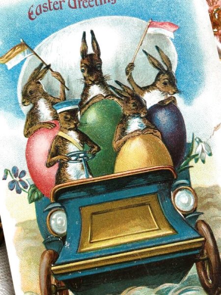 画像3: Postcard アンティークポストカード イースター 自動車に乗るウサギさんと卵 うさぎ  (3)