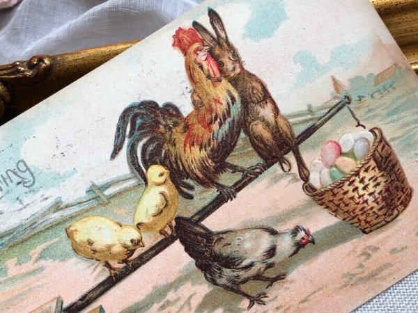 画像3: Postcard アンティークポストカード イースター  ニワトリの家族とうさぎ ウサギ (3)